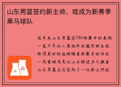 山东男篮签约新主帅，或成为新赛季黑马球队