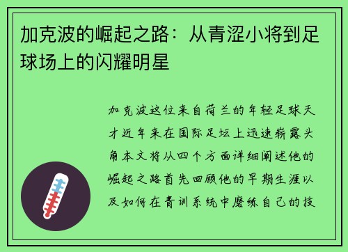 加克波的崛起之路：从青涩小将到足球场上的闪耀明星