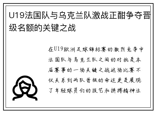 U19法国队与乌克兰队激战正酣争夺晋级名额的关键之战