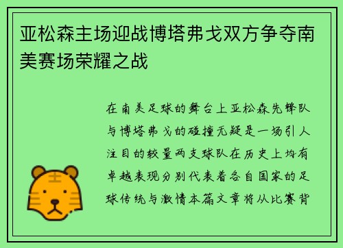 亚松森主场迎战博塔弗戈双方争夺南美赛场荣耀之战