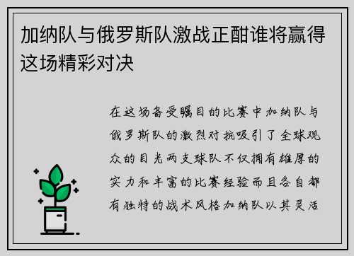 加纳队与俄罗斯队激战正酣谁将赢得这场精彩对决