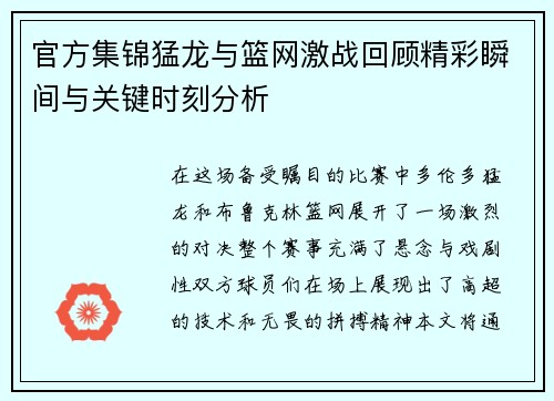 官方集锦猛龙与篮网激战回顾精彩瞬间与关键时刻分析