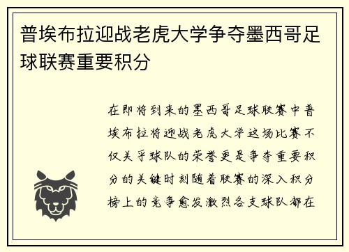 普埃布拉迎战老虎大学争夺墨西哥足球联赛重要积分