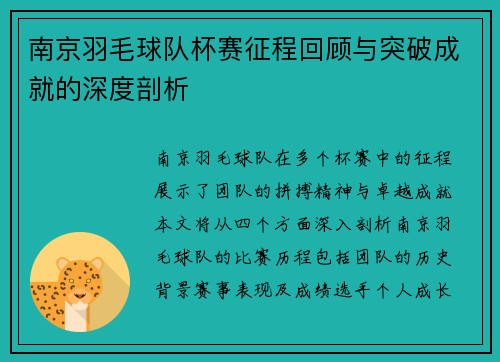 南京羽毛球队杯赛征程回顾与突破成就的深度剖析